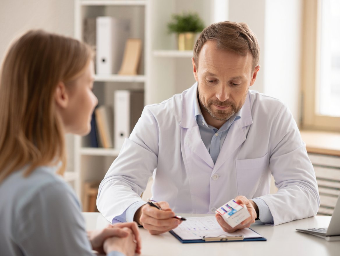 Врач объясняет пациентке правила приема лекарства на приеме в медицинском кабинете